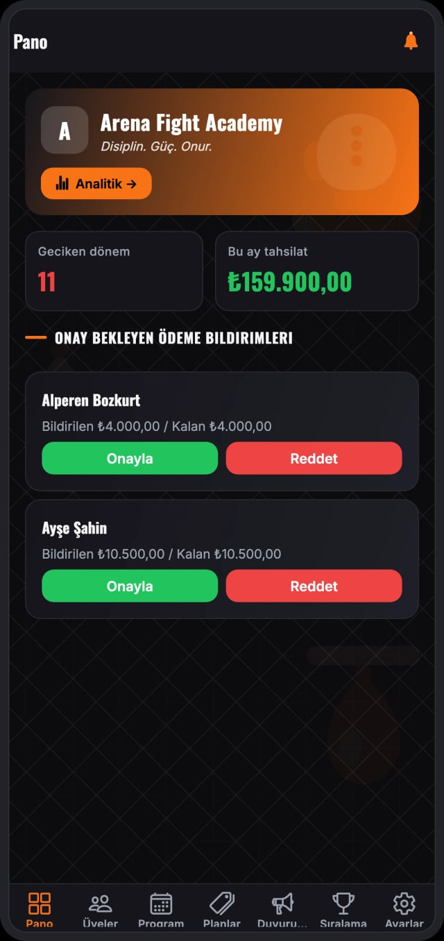 Uygulamanın pano ekranı: salon kartı, geciken dönem sayısı, bu ay tahsil edilen tutar ve onay bekleyen ödeme bildirimleri.